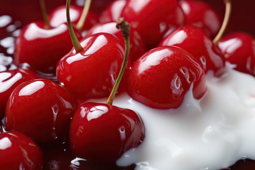 Ripe cherries in yogurt close-up.