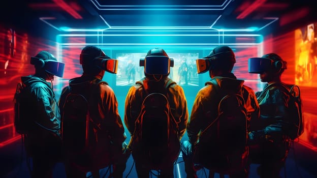 group of people in vr glasses and uniform, generative ai. High quality photo