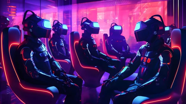 group of people in vr glasses and uniform, generative ai. High quality photo