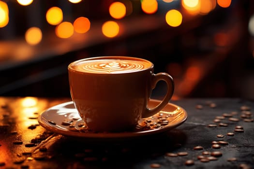 A cup of aromatic cappuccino on a table in a cafe against a background of soft bokeh.