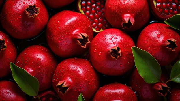 A bunch of ripe ruby garnets, pomegranates in a splash of water. Bright garnet background.