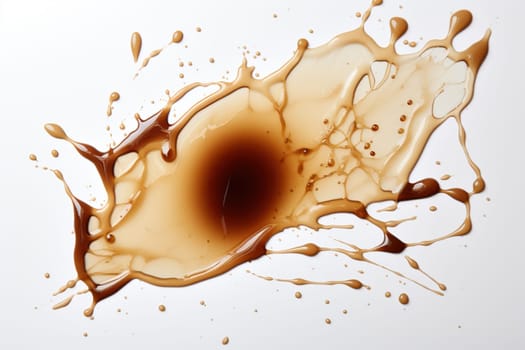 Splash, puddle of spilled black coffee on a white background. Abstract background.