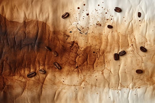 Coffee beans lie on coffee-stained paper with stains.