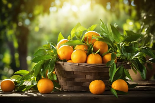 Harvest ripe oranges in a wicker basket on a wooden table with natural bokeh background.