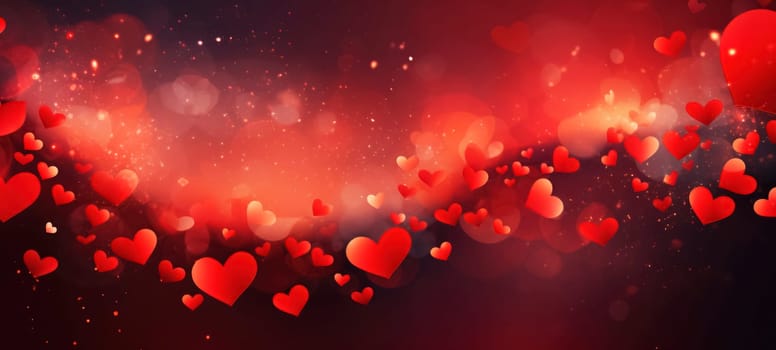 Red hearts amidst glowing particles and light effects, creating a magical Valentine's Day atmosphere