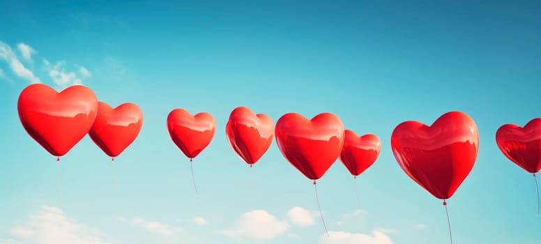 Red heart-shaped balloons soaring into the blue sky, representing love, romance, and special celebrations.