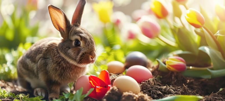 A close-up view of a curious rabbit among Easter eggs and blooming tulips, capturing the essence of spring in a lush garden setting.