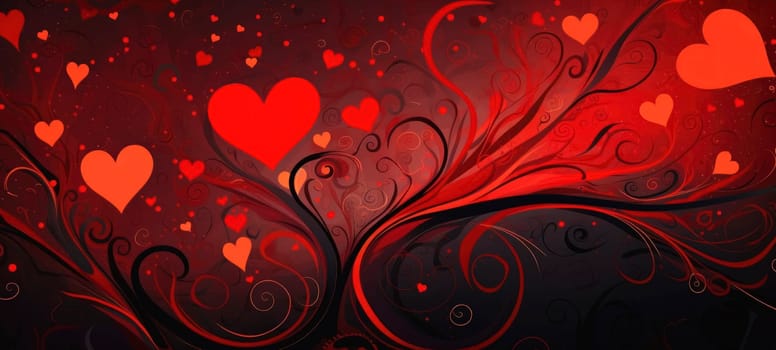 Artistic background with red hearts and elegant black swirls for Valentine's Day.