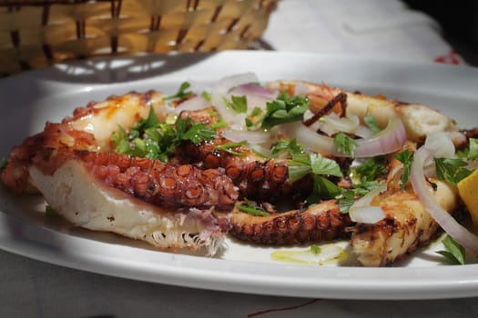 seafood on a plate, octopus onions and others. High quality photo