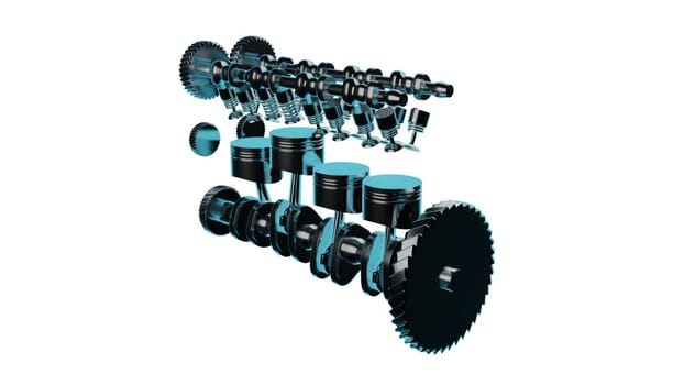 Close up detailed fully textured 3D render of industrial engine with pistons, camshaft, valves and other mechanical components. Premium car part made with quality engineering
