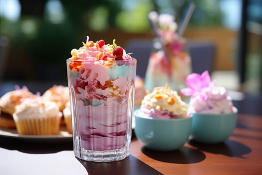 A portion of delicious ice cream on a table in a cafe.