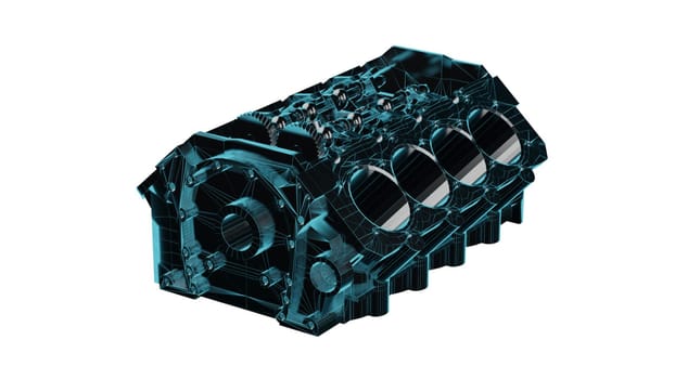 Close up detailed fully textured realistic 3D render of top of the line car engine block assembled with steel cylinders casings, pistons, flywheel and other premium engineering parts, white background