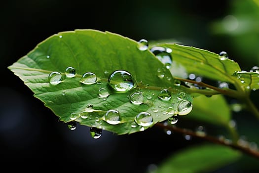 Large transparent drops of water, dew on a green leaf in nature. Environment conservation concept.
