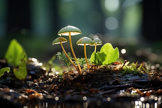 A group of mushrooms in the sunlight on moss against a blurred forest background.