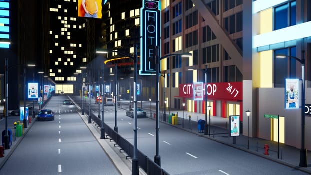 Nighttime downtown city roads with cars in motion driving past businesses opened non stop. Urban cityscape with promenades illuminated by neon signs at night, 3d render animation