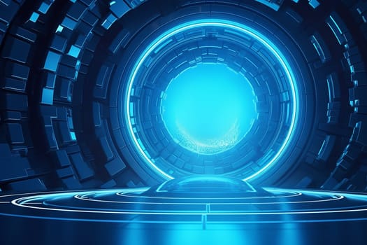 Futuristic blue portal with glowing center.