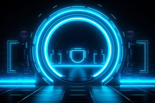 Futuristic blue neon portal in digital environment.