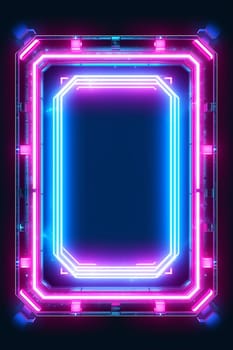 Rectangle horizontal Neon lights frame mock up with glowing pink and blue lights.