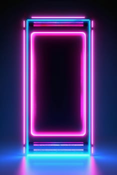 Rectangle horizontal Neon lights frame mock up with glowing pink and blue lights.