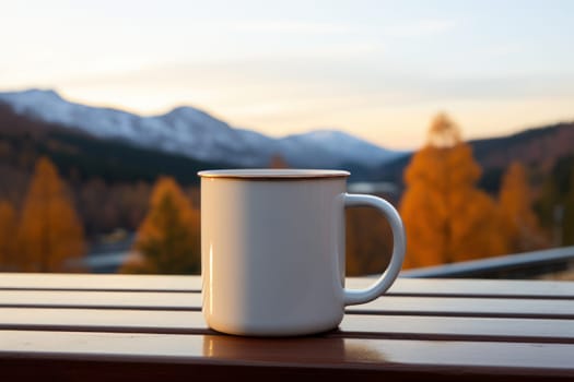 Enamel mug mockup professional shot, mountain in the background, direct light. Generative AI.