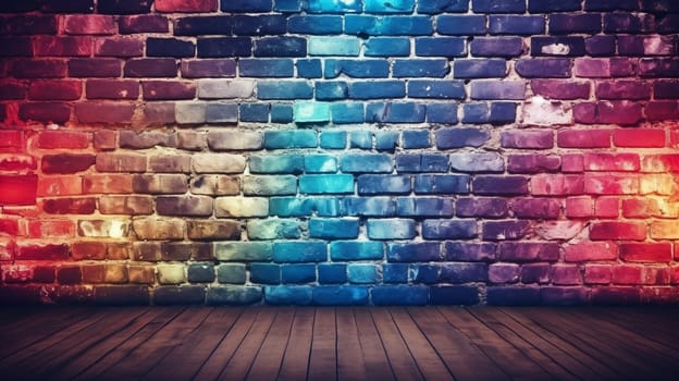 Rainbow-colored lights casting a vibrant spectrum on a textured brick wall with wooden floor foreground - copy space - generative AI