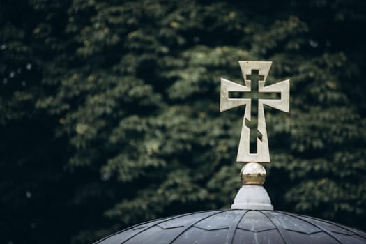 cross on a background of green branches. High quality photo