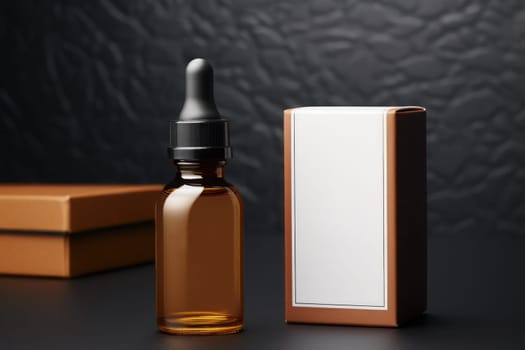 Brown glass dropper bottle with white box product mockup. Generative AI.