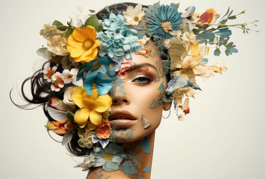 Abstract art portrait of young woman with flowers decoration comeliness