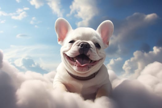 Super cute french bulldog, surreal style, in the clouds. Generative AI.
