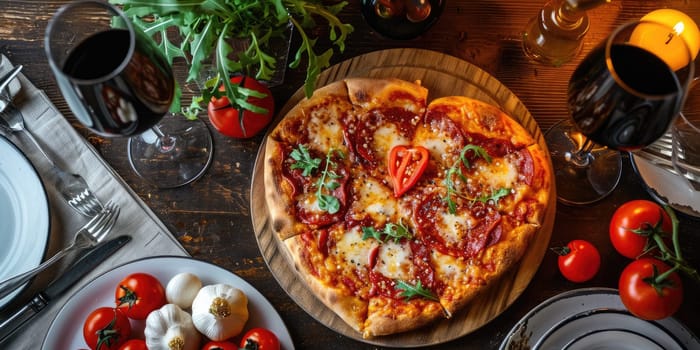 Heart shaped pizza for Valentines day on dark rustic wooden background pragma