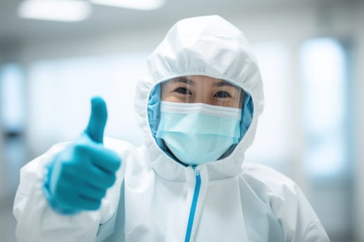 Portrait style photo of a person wearing hazmat suit wearing chemical gloves. Generative AI.