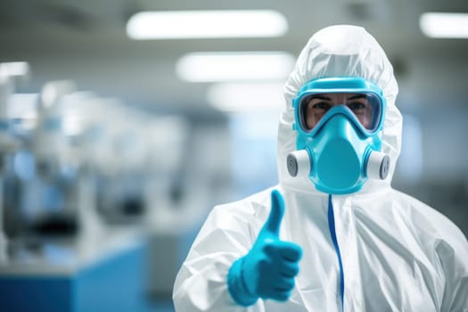 Portrait style photo of a person wearing hazmat suit wearing chemical gloves. Generative AI.