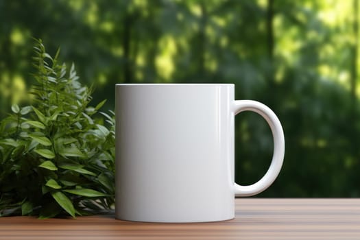 Mockup for c-handle blank mug: on a table clean background with greenery. Generative AI.