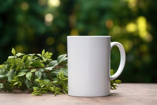 Mockup for c-handle blank mug: on a table clean background with greenery. Generative AI.
