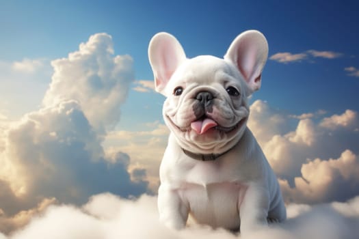 Super cute french bulldog, surreal style, in the clouds. Generative AI.