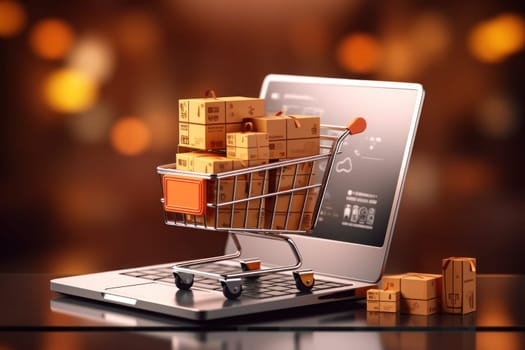 Shopping cart shipping cardboard box laptop as background, e-commerce attributes. Generative AI.