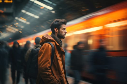 Man stand waiting train in subway fast moving. Generative AI.