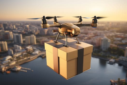 Delivery drone, Autonomous delivery robot, Business air transportation concept. Generative Ai.