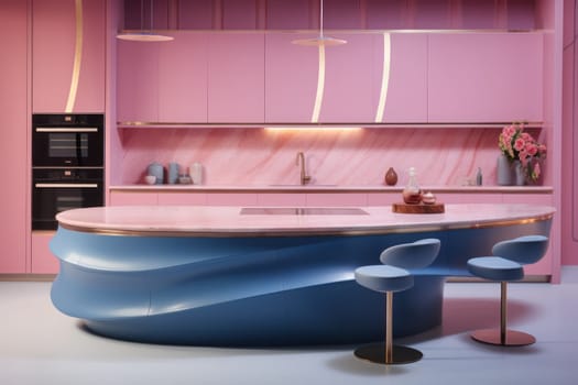 kitchen design, in the style of light pink and light indigo bold curves marble. Generative AI.