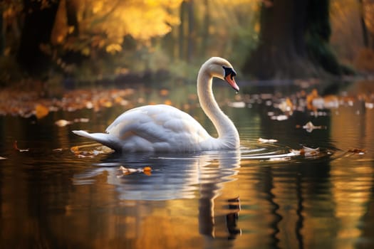 An elegant swan floats on a reflective lake. Made with care and detail. Generative AI.