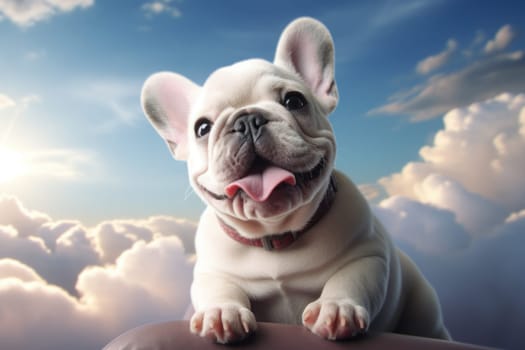 Super cute french bulldog, surreal style, in the clouds. Generative AI.