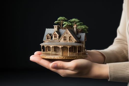 Miniature wooden house in female hands close-up. Generative AI.