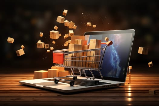 Shopping cart shipping cardboard box laptop as background, e-commerce attributes. Generative AI.