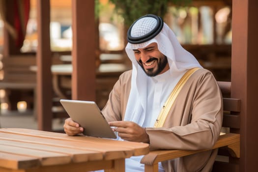 Man wearing saudi thobe. while holding a tablet reflects his tech-savviness. Generative AI.