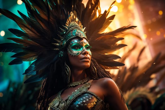 Captivating image capturing the essence of the Rio Carnival, showcasing a dancer adorned in an elaborate, vibrant costume, embodying the spirit and energy of this iconic festival
