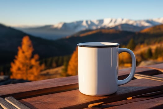 Enamel mug mockup professional shot, mountain in the background, direct light. Generative AI.