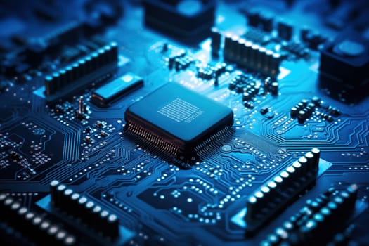 Close-up image of a blue circuit board with a central microchip processor CPU with various electronic components and connections. Technology, computer hardware, and manufacturing industries