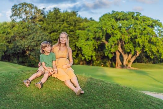 Heartwarming outdoor bonding as a pregnant mom and her son enjoy quality time together, savoring the beauty of nature and creating cherished moments.