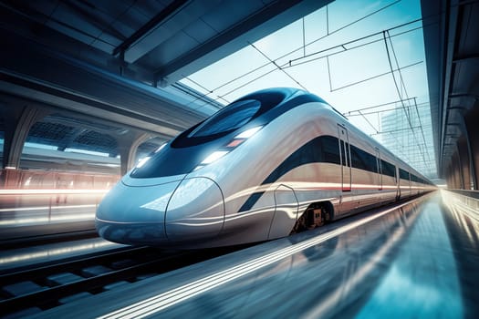 Modern high speed train in a futuristic train station. Modern transportation technology, speed, travel concepts. Railroad with motion blur effect