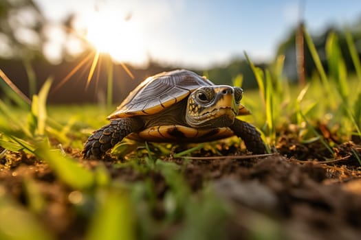 A cute little turtle crawls in grass, illuminated by the golden rays of the setting sun
